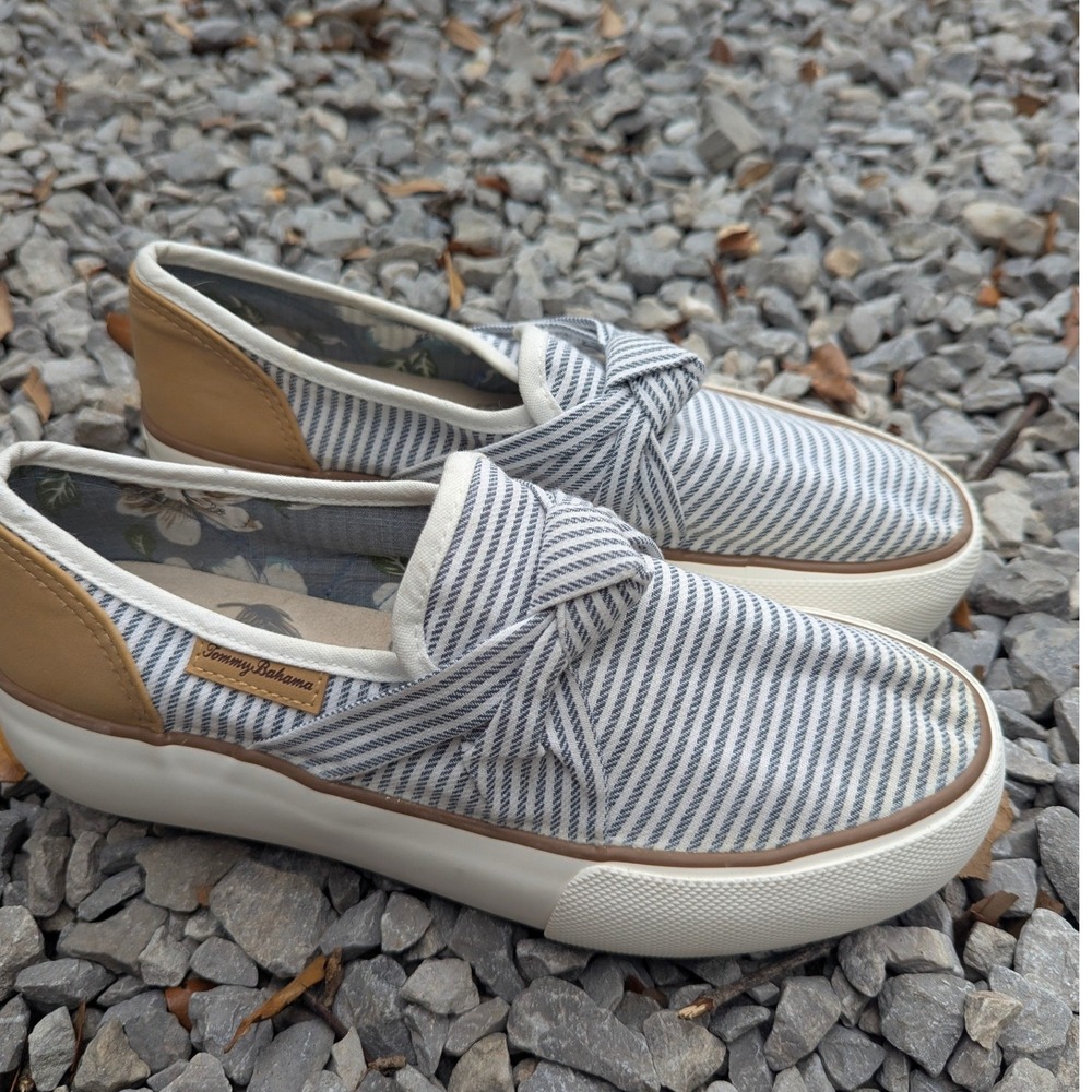 Tommy Bahama Striped Platform Slip On Sneakers Blue White Tan Women's 8.5